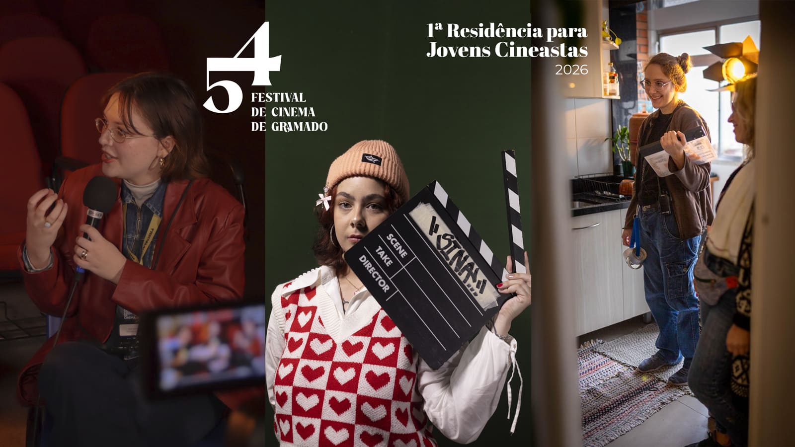 Banner da '1ª Residência para Jovens Cineastas 2026' do 54º Festival de Gramado, com fotos das três cineastas com deficiência Bella, Carolina e Diana.