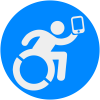 Ícone azul e branco, logo do Jornalista Inclusivo, símbolo de pessoa com deficiência em cadeira de rodas com celular.