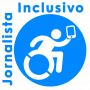 Logo azul Jornalista Inclusivo com ícone internacional de acessibilidade cor branca..