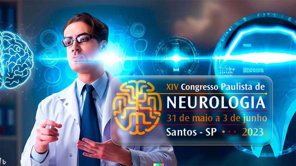 Imagem com texto: XIV Congresso Paulista de Neurologia, 31 de maio a 3 de junho. Santos - SP. Arte com imagem de um cientista e efeitos de realidade virtual e símbolos com brilho em neon.